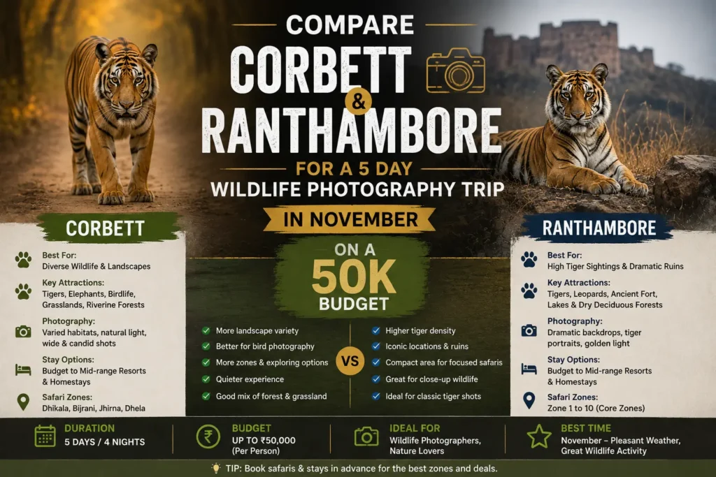 Compare Corbett and Ranthambore for a 5 Day Wildlife Photography Trip in November on a 50K Budget Compare Corbett and Ranthambore for a 5 Day Wildlife Photography Trip in November on a 50K Budget